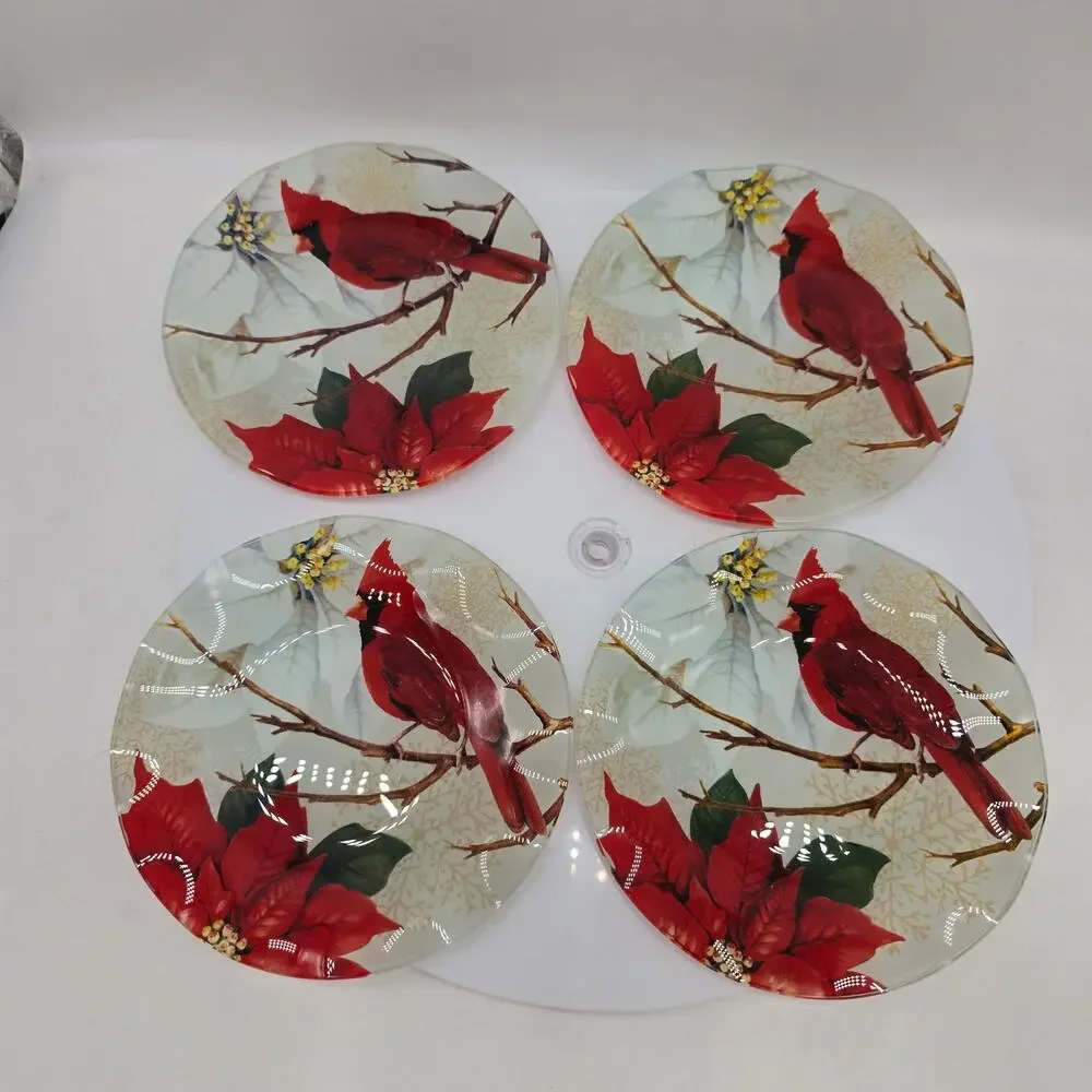 Pfaltzgraff New Winter Birds Decal Glass Appetizer Plates Set of 4 5.75